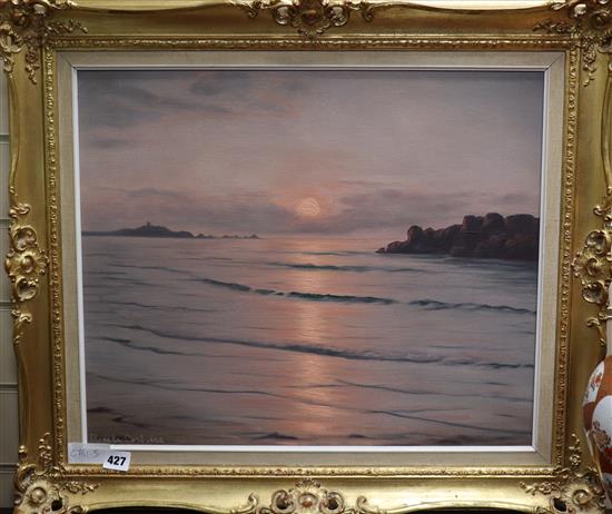 Roger De La Corbiere, oil on canvas, Sunset over the coast, signed, 44 x 53cm.